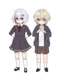  1boy 1girl aged_down aventurine_(honkai:_star_rail) bandaid bandaid_on_cheek bandaid_on_face bandaid_on_knee bandaid_on_leg black_footwear black_ribbon blonde_hair blue_eyes blush brown_shorts child collared_dress drawstring dress frown grey_dress grey_hoodie hair_between_eyes hair_intakes hair_ornament hands_on_own_hips hands_up hashtag-only_commentary highres honkai:_star_rail honkai_(series) hood hood_down hoodie index_fingers_together kneehighs long_sleeves looking_at_viewer mary_janes multicolored_eyes multicolored_hair neck_ribbon nervous open_clothes open_hoodie open_mouth raised_eyebrows redhead rende2vou3 ribbon shirt shoes short_hair shorts simple_background socks standing streaked_hair sweatdrop topaz_(honkai:_star_rail) v-shaped_eyebrows violet_eyes white_background white_hair white_shirt white_socks wing_collar 