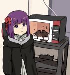  1girl aged_down black_coat blunt_bangs bob_cut coat commentary_request contemporary doughnut dress failure fern_(sousou_no_frieren) food highres hood hooded_coat indoors long_sleeves looking_at_viewer microwave purple_hair short_hair sidelocks sketch solo sousou_no_frieren tenten_(chan4545) violet_eyes white_dress 