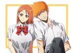  1boy 1girl bleach bow breasts brown_eyes closed_mouth collared_shirt commentary hair_between_eyes hair_ornament head_tilt highres inoue_orihime kurosaki_ichigo large_breasts long_hair looking_at_viewer n_(nauki_11) orange_hair parted_bangs red_bow school_uniform shirt short_hair short_sleeves side-by-side simple_background smile spiky_hair star_(symbol) star_hair_ornament straight_hair symbol-only_commentary tareme tsurime upper_body white_background white_shirt wide-eyed 