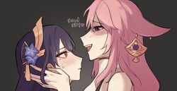  2girls bare_shoulders black_background blunt_bangs blush closed_mouth couple earrings from_side genshin_impact hair_between_eyes hair_ornament hand_on_another's_head highres japanese_clothes jewelry long_hair looking_at_another looking_down looking_up mole mole_under_eye multiple_girls nonons open_mouth pink_hair purple_hair raiden_shogun simple_background sweatdrop violet_eyes yae_miko yuri 