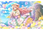 1girl :d aircraft animal back_bow basket blue_eyes blue_sky bow center_frills clouds commentary dot_nose easter easter_egg egg english_commentary field floral_print_skirt flower flower_field frilled_skirt frills green_bow hat hat_flower highres holding holding_animal holding_rabbit hot_air_balloon long_hair lushuao multicolored_clothes multicolored_skirt open_mouth original pink_flower pink_hair purple_flower rabbit rainbow ribbon shirt skirt sky smile solo straw_hat teeth tongue too_many too_many_frills upper_teeth_only very_long_hair windmill yellow_flower yellow_petals yellow_shirt 