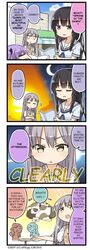  4koma 5girls bang_dream! cat comic day english_text hikawa_sayo holding_book imai_lisa light_blush minato_yukina night official_art roselia_(bang_dream!) shirokane_rinko speech_bubble sunset sweatdrop table translated udagawa_ako 