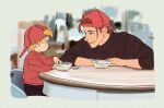  2boys backwards_hat baseball_cap border bowl br&#039;er_fox_(disney) brown_hair brown_shirt child grey_border hat humanization looking_at_another male_focus multiple_boys nick_wilde orange_hair parted_lips red_hat red_shirt shirt short_hair song_of_the_south spoon table uochandayo zootopia 