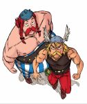  2boys asterix asterix_(character) bare_shoulders black_ribbon blonde_hair blue_pants braid brown_footwear facial_hair flask french_commentary from_above hair_ribbon helmet highres multiple_boys muscular muscular_male mustache obelix pants red_pants reda_kaaaa redhead ribbon simple_background spiked_helmet topless_male two-tone_pants white_background white_pants winged_helmet 