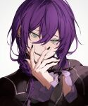 1boy ayase_mayoi black_nails black_shirt braid earrings ehsl177 ensemble_stars! green_eyes hair_between_eyes hair_over_shoulder hand_to_own_mouth highres jewelry long_hair looking_at_viewer male_focus mole mole_under_mouth multiple_earrings parted_lips portrait purple_hair sharp_teeth shirt simple_background single_braid smirk solo teeth upper_teeth_only white_background 
