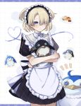  1boy absurdres apron bird blonde_hair blush closed_mouth food freminet_(genshin_impact) genshin_impact gorila_chan hair_over_one_eye hat highres looking_at_viewer maid maid_apron maid_headdress male_focus omelet omurice otoko_no_ko penguin pers_(genshin_impact) short_hair simple_background solo stuffed_animal stuffed_toy violet_eyes 