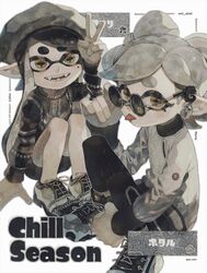  2girls :p adjusting_eyewear alternate_costume arm_up artist_name beret black_footwear black_hair black_leggings black_shorts black_sweater bow-shaped_hair callie_(splatoon) character_name closed_mouth commentary_request copyright_name earpiece fangs full_body grey_beret grey_hair hand_on_own_leg hat hat_pin highres inkling kaji_(oni_atat) leggings long_hair long_pointy_ears long_sleeves looking_at_viewer marie_(splatoon) mole mole_under_eye multicolored_clothes multicolored_sweater multiple_girls open_mouth pointy_ears print_sweater round_eyewear safety_pin shirt shoes short_hair shorts sitting sneakers splashtag_(splatoon) splatoon_(series) splatoon_3 star-shaped_pupils star_(symbol) sunglasses sweater swept_bangs symbol-shaped_pupils tentacle_hair thick_eyebrows tongue tongue_out twintails two-tone_shirt v white_shirt yellow_eyes 