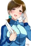  1girl alternate_hairstyle blue_track_suit blush breasts brown_eyes brown_hair gen_(enji) green_scrunchie hair_ornament hair_scrunchie hands_up heavy_breathing highres holding holding_towel idolmaster idolmaster_cinderella_girls idolmaster_cinderella_girls_starlight_stage long_hair long_sleeves looking_at_viewer medium_breasts nitta_minami open_mouth ponytail scrunchie signature simple_background smile solo sweat towel twitter_username upper_body white_background white_towel 