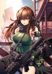  1girl alternate_eye_color assault_rifle black_hair breasts brown_hair building cityscape clothes_around_waist girls_frontline gloves green_hair gun highres holding holding_gun holding_weapon ichi_illust001 jacket jacket_around_waist large_breasts laser_sight leotard long_hair looking_at_viewer m4_carbine m4a1_(girls&#039;_frontline) m4a1_(mod3)_(girls&#039;_frontline) mask multicolored_hair optical_sight particle_cannon_case railing ribbed_leotard rifle skull_mask skyline skyscraper solo streaked_hair trigger_discipline violet_eyes weapon weapon_case 