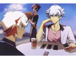  3boys alternate_costume apron bad_id bad_lofter_id black_hair black_jacket blue_eyes blue_hair blue_sky bright_pupils card card_game carrying clouds cloudy_sky coffee coffee_cup collared_jacket cup day disposable_cup drinking_straw earrings elbow_rest expressionless from_behind from_side fujiki_yusaku glasses green-framed_eyewear grey_hair hand_on_own_face hands_up highres holding holding_card homura_takeru jacket jewelry kogami_ryoken light_smile male_focus multicolored_hair multiple_boys naoki_(2rzmcaizerails6) open_clothes open_jacket outdoors pink_hair pink_shirt playing_card redhead serious shirt short_hair sitting sky spiky_hair stud_earrings sweatdrop table trading_card upper_body v-neck walking white_jacket yu-gi-oh! yu-gi-oh!_vrains 