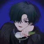  1boy alien_stage black_coat black_eyes black_hair black_sweater blue_background chain chain_necklace coat dog_tags hand_up highres holding holding_microphone ivan_(alien_stage) jewelry looking_at_viewer microphone mokapome necklace parted_lips red_pupils smile solo sweater 