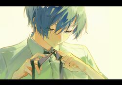  1boy black_ribbon blue_eyes blue_hair closed_mouth collared_shirt commentary english_commentary hair_between_eyes highres holding holding_ribbon looking_down male_focus messy_hair morning neck_ribbon persona persona_3 persona_3_reload ribbon shirt short_hair short_sleeves solo summer summer_uniform tying upper_body white_shirt yosora yuuki_makoto_(persona_3) 