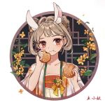  1girl :t animal_ears blush brown_eyes brown_hair chinese_clothes closed_mouth collarbone double_bun eating flower food hair_bun hair_ornament hanfu highres holding holding_food lattice light_brown_hair looking_at_viewer mid-autumn_festival mooncake original osmanthus rabbit_ears red_eyes round_window sash solo upper_body window 