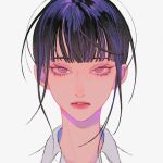  1girl black_hair blunt_bangs collar cropped_shoulders expressionless eyelashes green_eyes highres hime_cut lipstick looking_at_viewer makeup original oxi206 parted_lips pink_lips red_pupils short_hair simple_background solo straight-on teeth white_background white_collar 