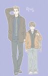  2boys aged_down blonde_hair brothers brown_hair dean_winchester full_body green_eyes height_difference highres korean_text male_focus multiple_boys sam_winchester short_hair siblings simple_background supernatural_(tv_series) translation_request tripleace333 