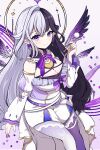  1girl absurdres algorhythm_project black_hair closed_mouth dress eileennoir halo highres hinakoyuki long_hair multicolored_hair pointy_ears shorts smile solo thigh-highs two-tone_hair violet_eyes virtual_youtuber white_dress white_hair white_shorts wings 