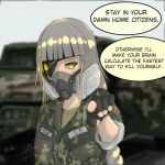  black_gloves blurry blurry_background braid camouflage camouflage_jacket eyepatch gas_mask girls_frontline gloves green_shirt jacket long_hair long_sleeves looking_at_viewer m16a1_(boss)_(girls&#039;_frontline) m16a1_(girls&#039;_frontline) mask mole mole_under_eye mouth_mask multicolored_hair pointing pointing_at_viewer scar shirt solo third-party_source threat white_hair yellow_eyes 