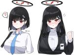  1girl ? black_hair blue_archive blue_necktie breasts bright_pupils closed_mouth collared_shirt dalgam12 flying_sweatdrops hair_ornament hairclip halo highres id_card large_breasts long_hair long_sleeves looking_at_viewer necktie open_mouth red_eyes ribbed_sweater rio_(blue_archive) shirt simple_background solo spoken_question_mark sweater white_background white_pupils white_shirt white_sweater 