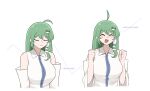  1girl ahoge before_and_after closed_eyes detached_sleeves frog_hair_ornament green_hair hair_ornament hair_tubes highres kochiya_sanae long_hair mata_(matasoup) nontraditional_miko simple_background single_hair_tube snake_hair_ornament solo touhou white_background 
