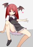  1girl bat_wings black_footwear black_skirt black_vest breasts closed_mouth commentary_request frilled_skirt frills grey_background head_wings heart hekkmushi highres koakuma long_hair looking_at_viewer red_pupils redhead short_sleeves skirt smile solo touhou two-tone_background vest w wings 