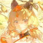  1girl animal_ears autumn_leaves black_shirt blonde_hair branch chinese_clothes chinese_commentary commentary_request expressionless eyelashes food fox_ears fruit gugu_(mirukai) hair_ornament hair_ribbon hanfu highres holding holding_food holding_fruit leaf leaf_hair_ornament long_hair looking_at_viewer low_twintails mandarin_orange orange_eyes orange_ribbon original outdoors parted_lips pom_pom_(clothes) pom_pom_hair_ornament ribbon robe sample_watermark shirt short_twintails solo tassel tassel_hair_ornament twintails upper_body watermark white_robe 
