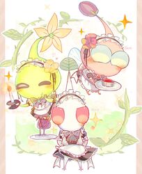  ^_^ alternate_costume apple apple_slice apron back_bow black_bow black_bowtie black_dress black_hairband blue_eyes blush bow bowtie brooch bubble bud candle closed_eyes cocktail_glass colored_skin commentary_request cup diamond_brooch dress drink drinking_glass drinking_straw enmaided fire flower flying food frilled_apron frilled_dress frilled_hairband frilled_sleeves frills fruit glow_pikmin green_skin hairband hand_on_own_face hand_on_own_hip heart heart_brooch hibiscus highres holding holding_candle holding_plate insect_wings jewelry leaf maid ni-gou no_humans no_mouth orange_(fruit) orange_slice pikmin_(creature) pikmin_(series) pillarboxed pink_flower pink_skin plant plate puffy_short_sleeves puffy_sleeves red_eyes short_dress short_sleeves solid_eyes souffle_(food) sparkle vines white_apron white_background white_bow white_pikmin white_skin winged_pikmin wings yellow_flower 