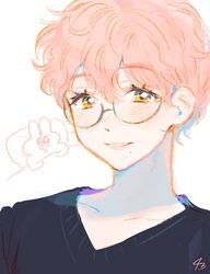  1boy 43_pon bad_id bad_twitter_id black_shirt collarbone glasses hair_between_eyes highres looking_at_viewer male_focus original parted_lips pink_hair round_eyewear shirt short_hair signature simple_background smile solo upper_body white_background yellow_eyes 