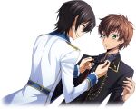  2boys adjusting_another&#039;s_clothes arm_at_side artist_request black_hair black_jacket black_ribbon blush brown_hair code_geass code_geass:_lost_stories collared_shirt cropped_torso dutch_angle eye_contact game_cg gold_trim green_eyes grey_shirt hair_between_eyes hand_up hands_up happy jacket kururugi_suzaku lelouch_vi_britannia light_blush long_sleeves looking_at_another male_focus multiple_boys neck_ribbon non-web_source official_art parted_lips ribbon shirt short_hair sidelocks simple_background smile standing sweat teeth transparent_background upper_body violet_eyes white_jacket 