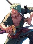  1boy bandana_around_arm commentary cowboy_shot earrings green_hair green_kimono haramaki highres holding holding_sword holding_weapon japanese_clothes jewelry kimono kurage20001 looking_to_the_side male_focus multiple_swords one_eye_closed one_piece roronoa_zoro sash scar scar_across_eye scar_on_chest sideburns simple_background smile solo sword weapon white_background 