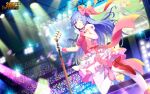  1girl 300_heroes :o audience blue_hair date_a_live dress dutch_angle flower frilled_dress frills gloves hair_flower hair_ornament high_heels idol izayoi_miku microphone_stand multicolored_clothes multicolored_dress official_art one_eye_closed pantyhose pink_dress pink_ribbon red_footwear ribbon stage stage_lights third-party_source truss white_pantyhose 