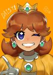  absurdres blue_eyes brooch brown_hair character_name crown dancho_no_mori dress earrings gem gloves green_gemstone highres jewelry looking_at_viewer one_eye_closed orange_background princess_daisy puffy_sleeves smile super_mario_bros. upper_body v white_gloves yellow_dress 