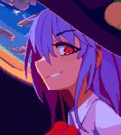  1girl black_hat blue_hair brodall_pixel close-up clouds commentary_request fisheye from_side hat hinanawi_tenshi looking_at_viewer outdoors pixel_art red_eyes shirt sky smirk solo sunset touhou white_shirt 