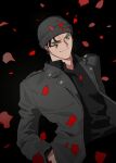  1boy absurdres akai_shuuichi black_background black_shirt collared_shirt commentary cowboy_shot falling_petals green_eyes grin hand_in_pocket hat highres loose_hair_strand male_focus petals popogano red_petals shirt simple_background smile solo symbol-only_commentary 