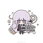  1girl artist_name black_ribbon blazer blunt_bangs blunt_ends boots braid chibi chinese_commentary collared_jacket collared_shirt commentary_request commission danganronpa:_trigger_happy_havoc danganronpa_(series) hair_ribbon highres jacket kirigiri_kyoko knee_boots kneehighs lapels layered_sleeves light_blush long_hair long_sleeves looking_at_viewer miniskirt muko_com necktie no_gloves no_mouth notched_lapels open_clothes open_jacket orange_necktie pleated_skirt purple_footwear purple_hair purple_jacket purple_skirt ramen ribbon shirt sidelocks simple_background single_braid skirt socks solo straight-on straight_hair very_long_hair violet_eyes weibo_watermark white_background white_shirt white_socks 