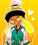  beanie black_hat blonde_hair collarbone eyelashes fangs green_jacket hat heart inkling inkling_girl inkling_player_character jacket long_hair open_mouth pom_pom_(clothes) pom_pom_beanie solo splatoon_(series) tentacle_hair tora_kaede track_jacket yellow_background yellow_eyes 