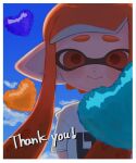  1girl balloon blue_sky border closed_mouth clouds heart_balloon highres inkling inkling_girl inkling_player_character kinakomaru0086 long_hair looking_at_viewer orange_hair pointy_ears red_eyes shirt short_sleeves sky smile solo splatoon_(series) splatoon_1 t-shirt thank_you upper_body white_border white_shirt 