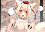  1girl animal_ears clenched_hands commentary_request fish hat highres inubashiri_momiji looking_at_viewer open_mouth pom_pom_(clothes) red_eyes red_hat ribbon-trimmed_sleeves ribbon_trim shirt short_hair solo soukou_(artist) tail tokin_hat touhou upper_body white_shirt wolf_ears wolf_girl wolf_tail 