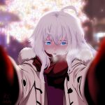  blue_eyes blush coat codename:_bakery_girl duffel_coat gloves jefuty_(bakery_girl) last_substance meme mittens open_clothes open_coat open_mouth pov_cheek_warming_(meme) red_gloves red_mittens red_scarf reverse_collapse_(series) scarf solo white_coat white_hair winter_clothes winter_coat winter_gloves 