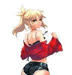  1girl absurdres ass blonde_hair breasts cropped_jacket ctx9 denim denim_shorts fate/grand_order fate_(series) green_eyes hair_ornament hair_scrunchie half_up_braid highres jacket jewelry long_hair long_sleeves looking_at_viewer looking_back micro_shorts mordred_(fate) mordred_(fate/apocrypha) mordred_(memories_at_trifas)_(fate) necklace open_clothes open_jacket parted_bangs ponytail red_jacket red_scrunchie scrunchie shorts simple_background small_breasts solo white_background 