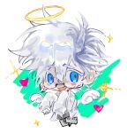  1boy blue_eyes chibi chibi_only chinese_commentary colored_eyelashes commentary_request detached_wings glasses grey_pants grey_shirt hair_between_eyes halo heart highres kanou_aogu lab_coat long_sleeves male_focus open_clothes open_mouth pants rectangular_eyewear red_pupils saibou_shinkyoku semi-rimless_eyewear shirt short_hair sleeves_past_fingers sleeves_past_wrists smile solo sparkle white_hair wings zhuixing_bu_ru_hui_jia_zhongdi 