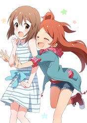  2girls absurdres ahoge ankle_boots bare_shoulders blue_bow blue_dress blue_shorts blush bob_cut boots bow breasts brown_eyes brown_hair buchi_(y0u0ri_) cowboy_shot dot_nose dress hagiwara_yukiho hand_up highres hood hood_down idolmaster idolmaster_(classic) idolmaster_million_live! idolmaster_million_live!_theater_days long_hair looking_at_another medium_breasts multiple_girls ogami_tamaki open_hands open_mouth red_footwear short_hair short_sleeves shorts sleeveless sleeveless_dress small_breasts smile standing standing_on_one_leg starry_background striped_clothes striped_dress two-tone_hoodie waist_bow white_background 