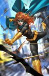  1girl barbara_gordon bat_(animal) batarang batgirl batman_(series) belt belt_pouch black_bodysuit blue_cape blue_eyes blue_mask blue_sky blurry blurry_background bodysuit boots cape day dc_comics dcwj depth_of_field domino_mask gloves highres holding holding_rope looking_at_viewer mask outdoors pouch rope sky solo swinging yellow_belt yellow_footwear yellow_gloves 