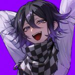  1boy black_hair checkered_clothes checkered_scarf danganronpa_(series) danganronpa_v3:_killing_harmony hair_between_eyes highres jacket long_sleeves looking_at_viewer male_focus nanin oma_kokichi open_mouth purple_hair scarf simple_background smile solo teeth upper_body upper_teeth_only violet_eyes 
