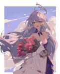  1girl aqua_eyes bare_shoulders border bouquet bracelet clouds cloudy_sky detached_sleeves dress earrings facial_mark floating_hair gloves hair_between_eyes halo head_wings highres holding holding_bouquet honkai:_star_rail honkai_(series) jewelry long_hair looking_at_viewer open_mouth purple_dress purple_hair robin_(honkai:_star_rail) sky smile solo touming_shuimu_yi_hao two-tone_dress white_border white_dress white_gloves white_wings wings 