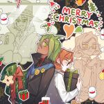  1boy 1girl ahoge back-to-back badge bell black-framed_eyewear black_background black_coat black_necktie blue_scarf blush border candy candy_cane christmas christmas_tree closed_mouth coat collared_coat collared_shirt commentary_request curly_hair danganronpa_(series) dark-skinned_male dark_skin english_text eyelashes fingernails food from_side gift glasses green_eyes green_hair grey_vest hair_between_eyes heart height_difference hetero high_collar holding holding_clothes holding_gift holding_scarf holly lab_coat long_sleeves mekaru_rei merry_christmas multiple_views necktie nyamu_(sumin950904) orange_hair otori_teruya partially_unbuttoned pink_lips red_shirt scarf shirt short_hair smile smiley_face snowman sparkle stuffed_toy super_danganronpa_another_2 thought_bubble vest white_border white_coat window yellow_eyes 
