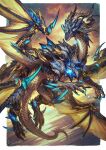  animal_focus artist_name border claws clouds dragon flying fujiyama_monta full_body glowing highres horns light_particles monster multiple_horns multiple_wings no_humans original outdoors outside_border scales signature slit_pupils solo spikes tail western_dragon white_border wing_armor wings yellow_eyes 