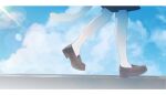  1girl absurdres blue_sky brown_footwear cat_tail chiyuki0321 clouds commentary_request day highres lens_flare light_particles loafers lower_body original outdoors shoes signature sky socks solo tail walking white_socks 