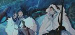 1boy 1girl ainu_clothes asirpa black_eyes black_hair cape closed_eyes facial_hair fur_cape golden_kamuy gun highres holding holding_gun holding_weapon hood hooded_cape ice ksst000019 long_sleeves looking_at_another lying ogata_hyakunosuke on_back on_ice open_mouth pointing pointing_up scar scar_on_cheek scar_on_face smile stubble weapon 