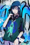  1girl ado_(utaite) black_hair blue_beanie blue_eyes blue_hair blue_shirt bracelet cellphone chando_(ado) character_name cloud_nine_inc commentary_request cowboy_shot dog_tags graffiti hariiiiito10 headphones headphones_around_neck highres jewelry looking_at_viewer multicolored_hair phone shirt short_sleeves sidelocks smartphone solo streaked_hair tongue tongue_out utaite 