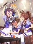  &gt;_&lt; 3girls \m/ absurdres animal_ears arm_around_shoulder arm_up back_bow blue_eyes blue_hair bow brown_hair cheval_grand_(umamusume) closed_eyes commentary_request couch cup daitaku_helios_(umamusume) ear_covers ear_ornament ear_piercing ears_through_headwear glass gloom_(expression) hair_between_eyes hair_ornament hairclip hat highres holding holding_microphone horse_ears horse_girl horse_tail indoors instrument karaoke long_hair mejiro_palmer_(umamusume) microphone multicolored_hair multiple_girls on_couch open_mouth petticoat piercing ponytail puffy_short_sleeves puffy_sleeves purple_bow purple_shirt school_uniform shirt short_sleeves skirt smile streaked_hair summer_uniform table tail tail_through_clothes tambourine terumasa_(amanoy) thigh-highs tracen_school_uniform umamusume w white_hair white_hat white_thighhighs 